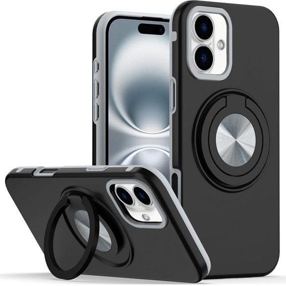 For iPhone 16 Plus 6.7in Solid Rugged Shockproof with 360 Stand   Tempered Glass