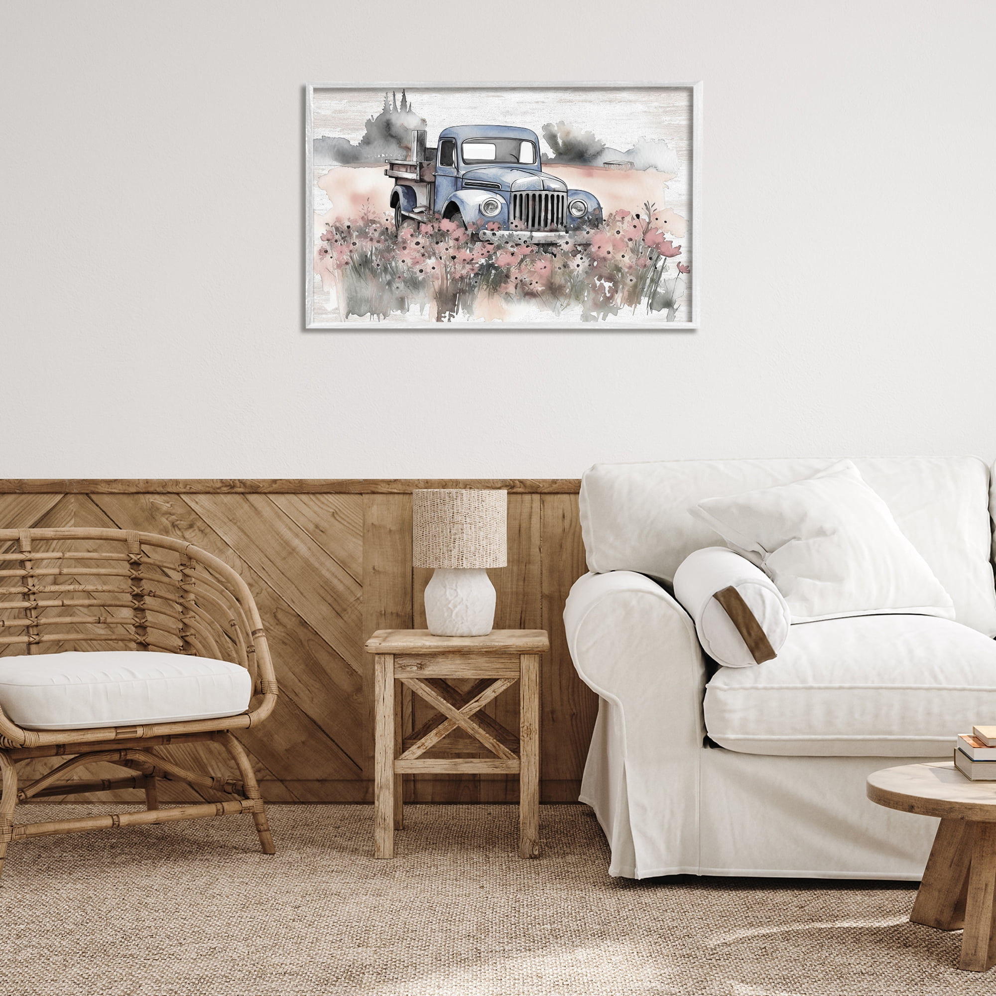 Stupell Industries Pickup in Floral Meadow Transportation Painting White Framed Art Print Wall Art, 30 x 20