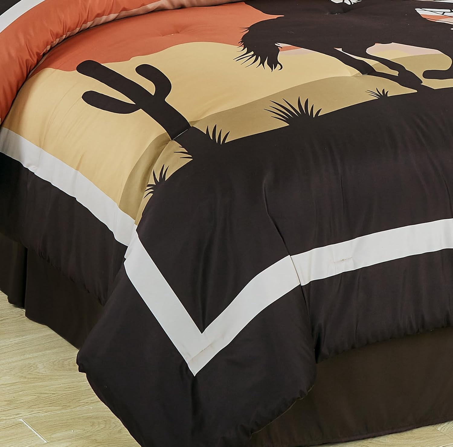 Chezmoi Collection Paseo 7-Piece Southwestern Sunset Cowboys Comforter Set, Multicolor Orange Brown Yellow White Printed Washed Microfiber Bedding, King
