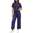 thumbnail image 2 of IUYRTFE Women Solid Color Short Sleeve Top and Drawstring Wide Leg Pants Set Casual 2 Piece Outfit, 2 of 5