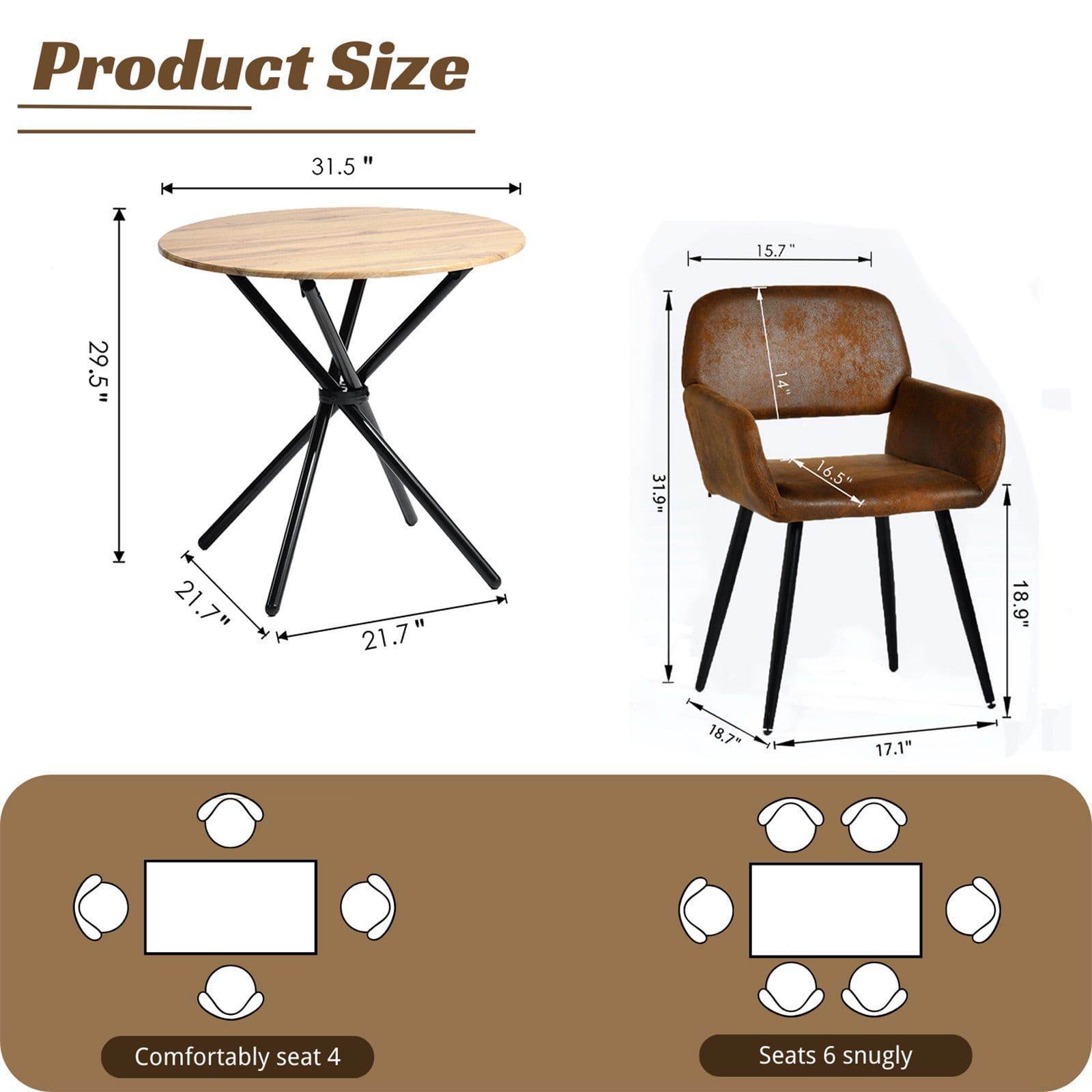 Homy Casa Round Dark Brown Dining Table with 2 Armchairs, Industrial 3-Piece Table Set with Brown Faux Suede Chairs for Small Dining Spaces