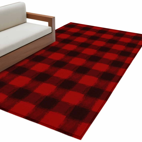 Merry Christmas Area Rug 3x5 FT, Non Slip Entryway Bedside Carpet, Farmhouse Xmas Red Black Plaid Checkered Washable Soft Floor Carpet Indoor Mat Non-Shedding Throw Rug for Dorm Kitchen Home Office