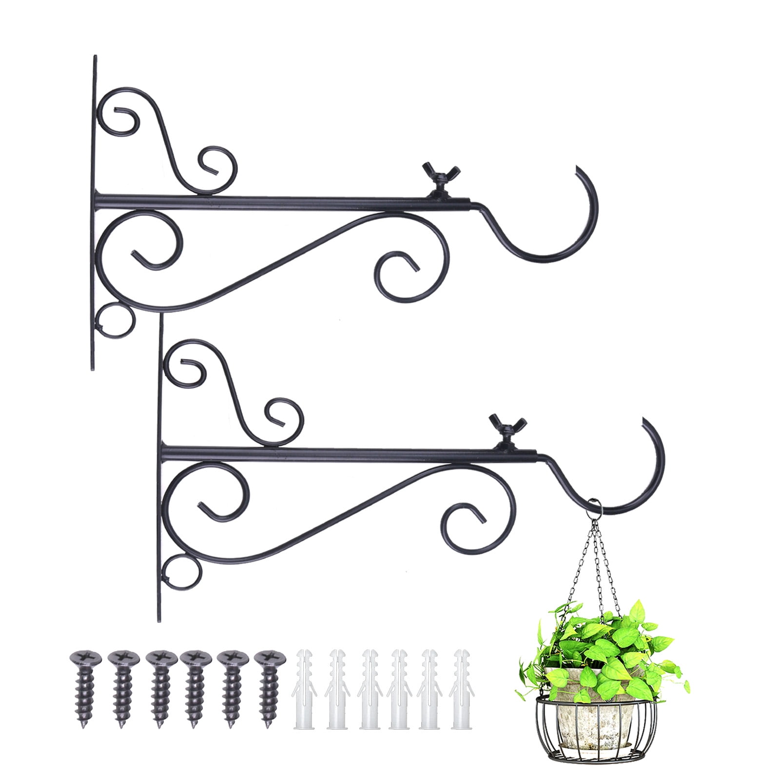 Pack of 2 Black Iron Outdoor Adjustable Hanging Brackets Wall Hooks for
