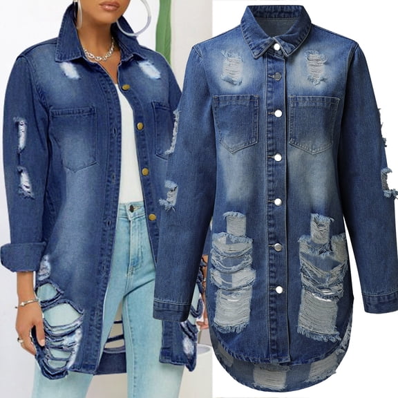 Vedolay Women's 2023 Jackets Denim Jacket for Women Long Sleev Jean Jacket Loose Coat,Dark Blue XXL