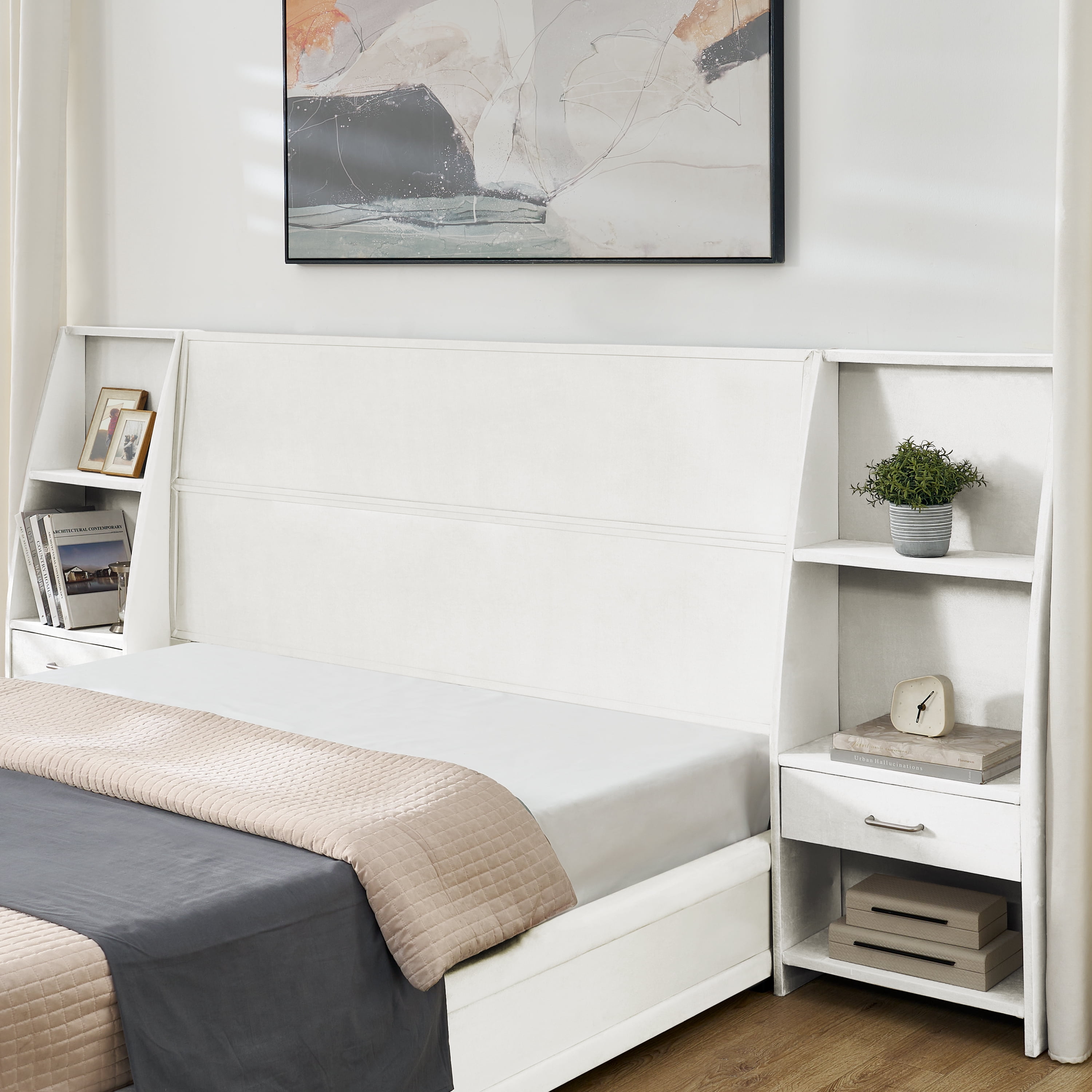 Howcool Queen Size Upholstered Platform Bed Frame with Storage Drawers,Glossy Velvet Headboard and Side Bookcases,Beige