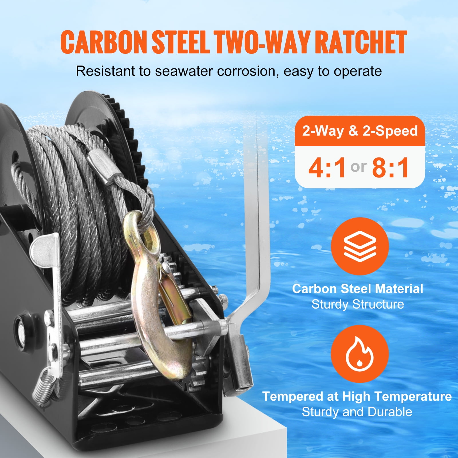 VEVOR Hand Winch, 3500 lbs Pulling Capacity,Boat Trailer Winch Heavy Duty Rope Crank with 33 ft Steel Wire Cable and Two-Way Ratchet,Manual Operated Hand Crank Winch for Trailer, Boat or ATV Towing