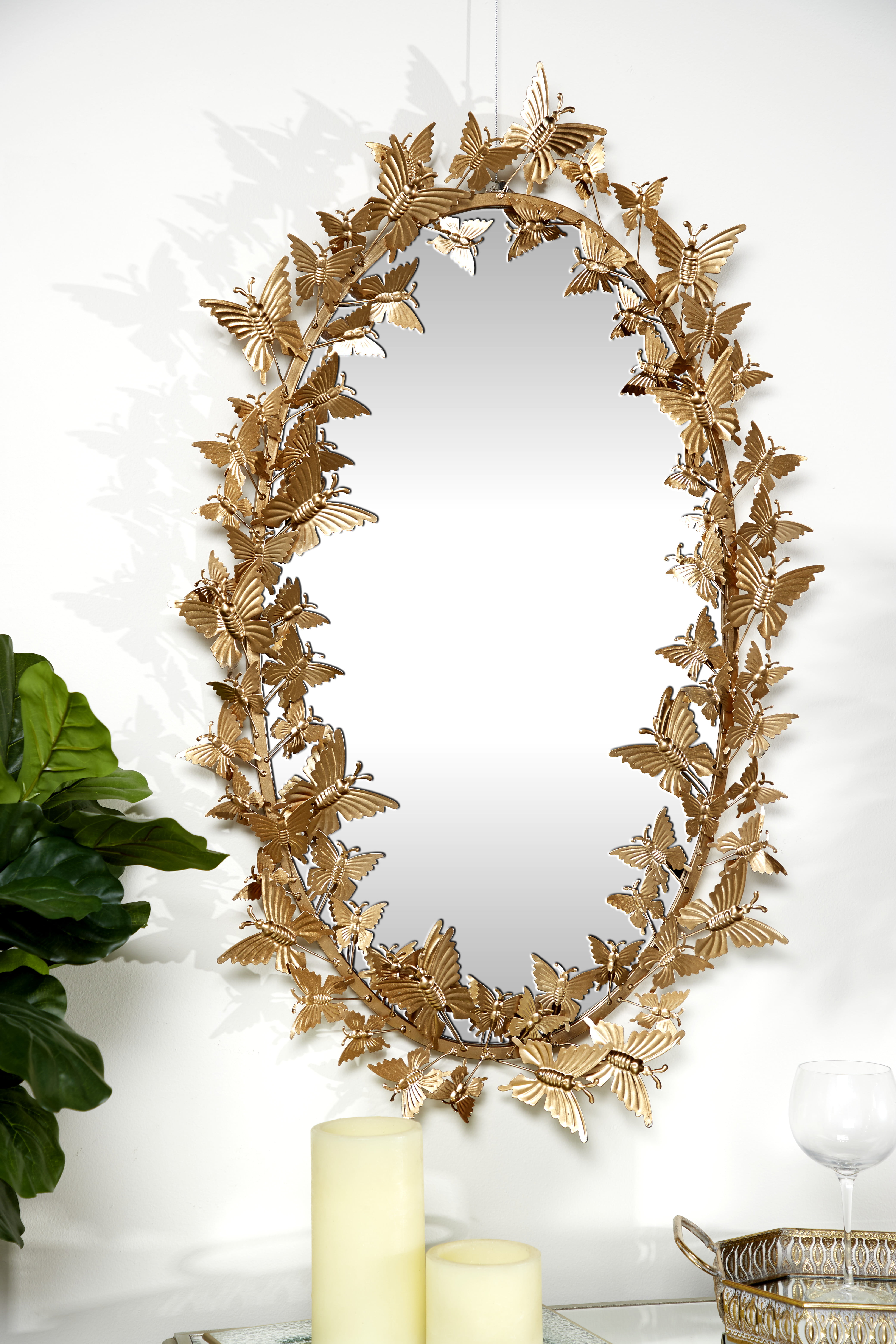 Oval Frameless Table Mirror with Floral Butterfly Metallic Cresting Detail 