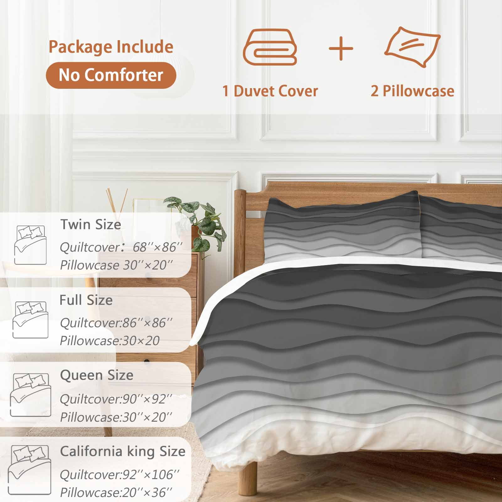 Black Ombre Stripes Bedding 3 Piece Duvet Cover Set Full Size, Modern Abstract Sea Waves Spray Art Soft Microfiber Comforter Cover with Zipper Closure & Pillowcases, FadeResistant Quilt Cover
