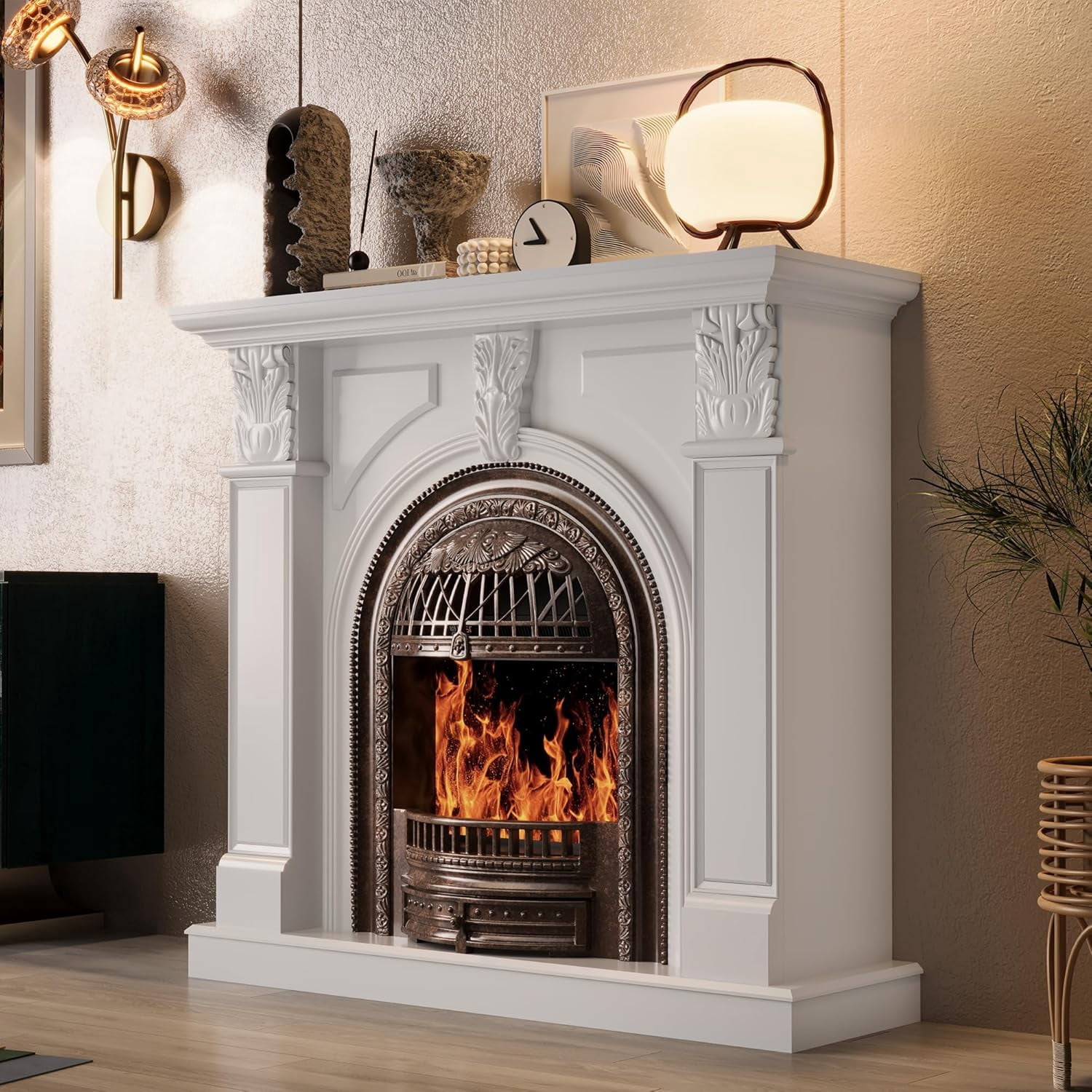BOSHIRO Electric Fireplace with Mantel, 48 Inch Fireplace Tv Stand with Birdcage Fireplace Heater for Bedroom, Entryway Decor