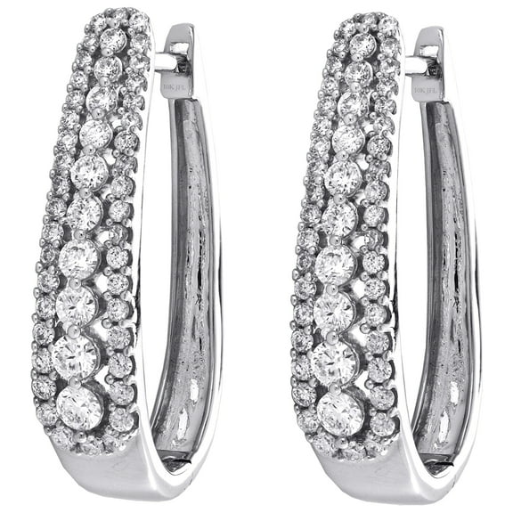 10K White Gold Round Diamond Prong Set Tiered Hoop Earrings 24mm Huggie 0.87 CT.