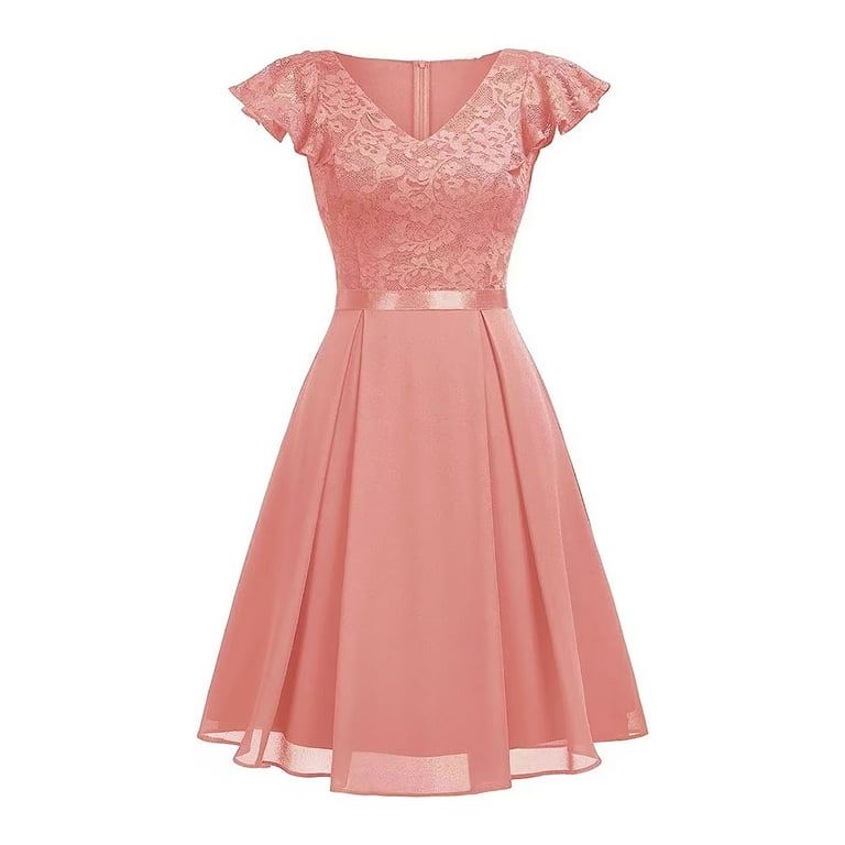 Joau Women's Retro Floral Lace Cocktail Dress V Neck A Line Swing Bridesmaid Midi Dress Vintage Elegant Wedding Guest Dress Homecoming Dresses