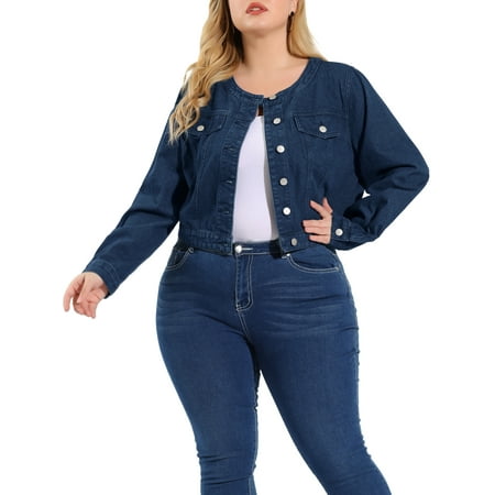 MODA NOVA Juniors Plus Size Button Down Crew Neck Long Sleeves Denim Jacket