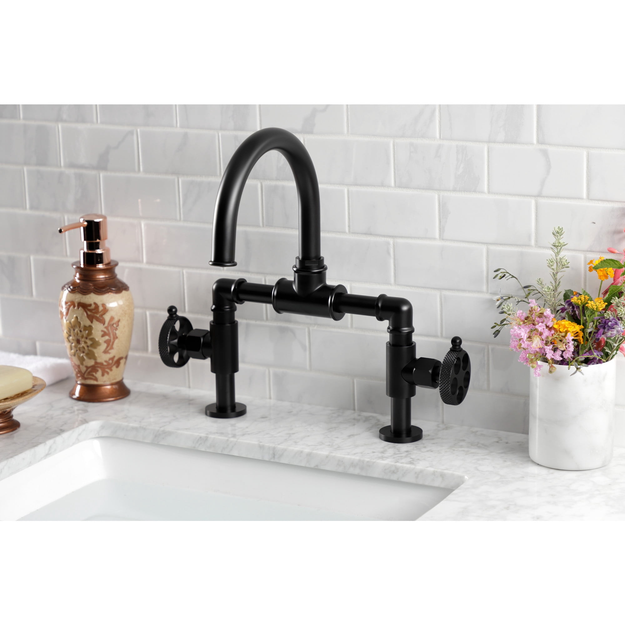 Kingston Brass KS2170RKX Webb Bridge, Matte Black Bathroom Faucet with Knurled Handle and Push Pop-up Drain