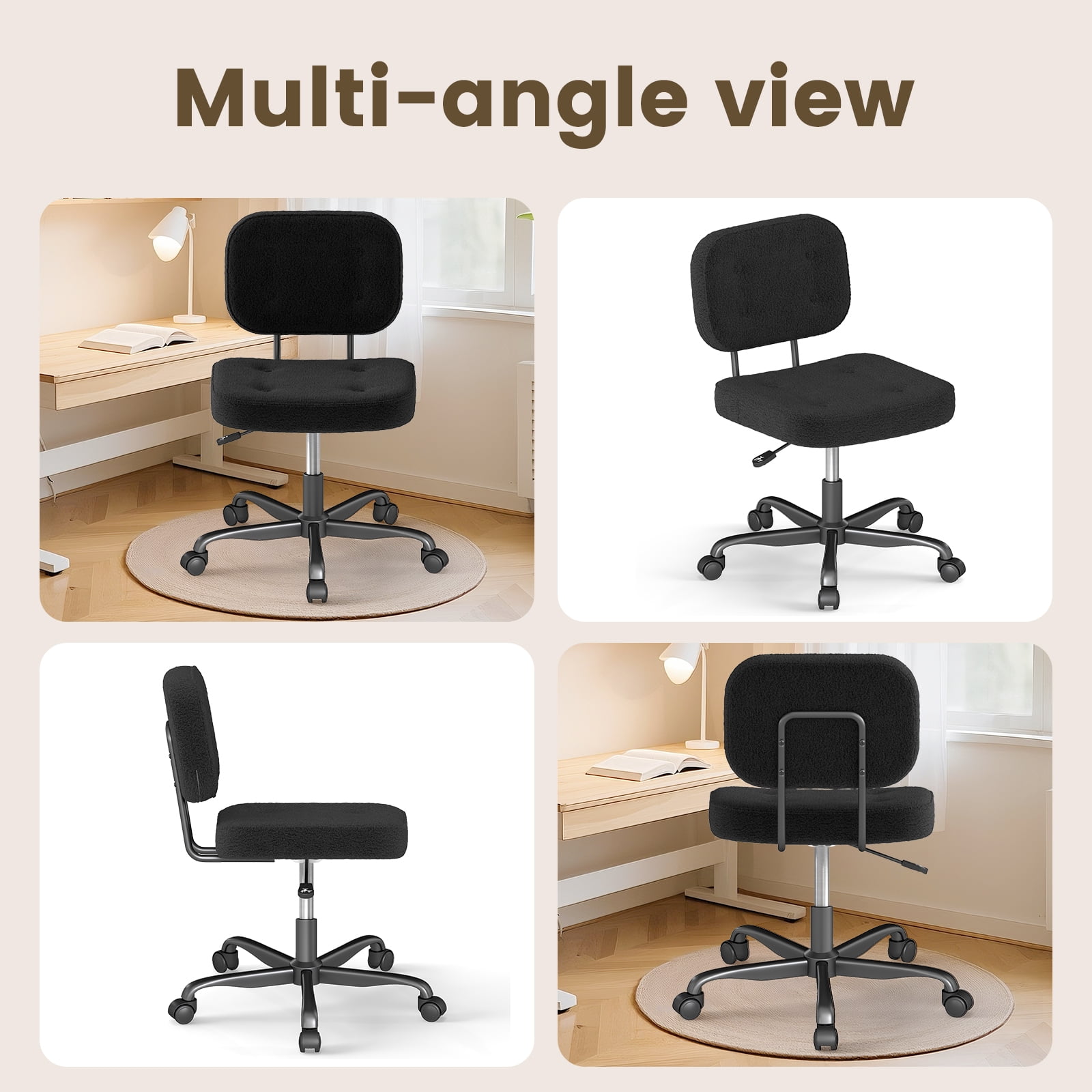 YERAIRR Armless Office Chair with Wide Seat,Teddy Fleece Fabric Home Computer Desk Chair Thickened Cushion Swivel Vanity Chair Black