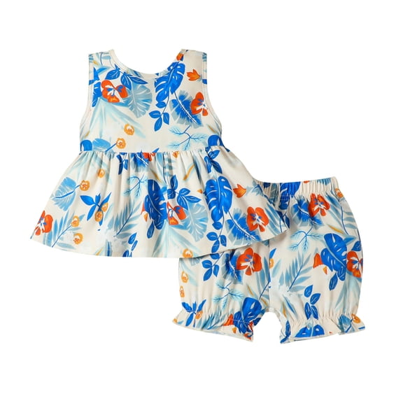 Toddler Girl Outfits 2 Piece Ruffle Floral Print Crew Neck Sleeveless Tank Top And Shorts Daily Wear Girls' Clothing Sets 9 Months-12 Months