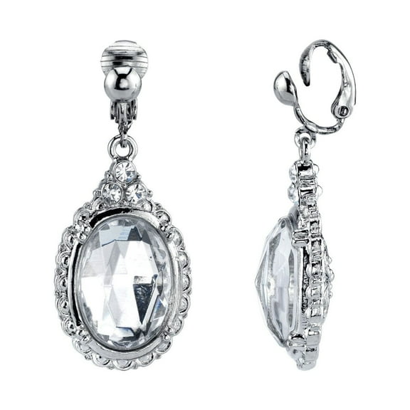 1928 Jewelry Women's "Victorian" Oval Multi Faceted Crystal Clip On Drop Earrings