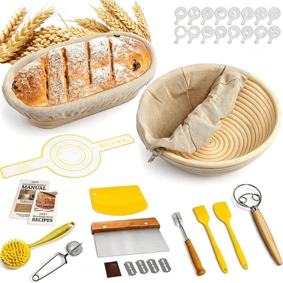 dykaae Sourdough Starter Kit, Banneton Bread Proofing Baskets Set, Sourdough Bread Baking Supplies with Dough Scraper, Whisk, Bread Lame, Recipe