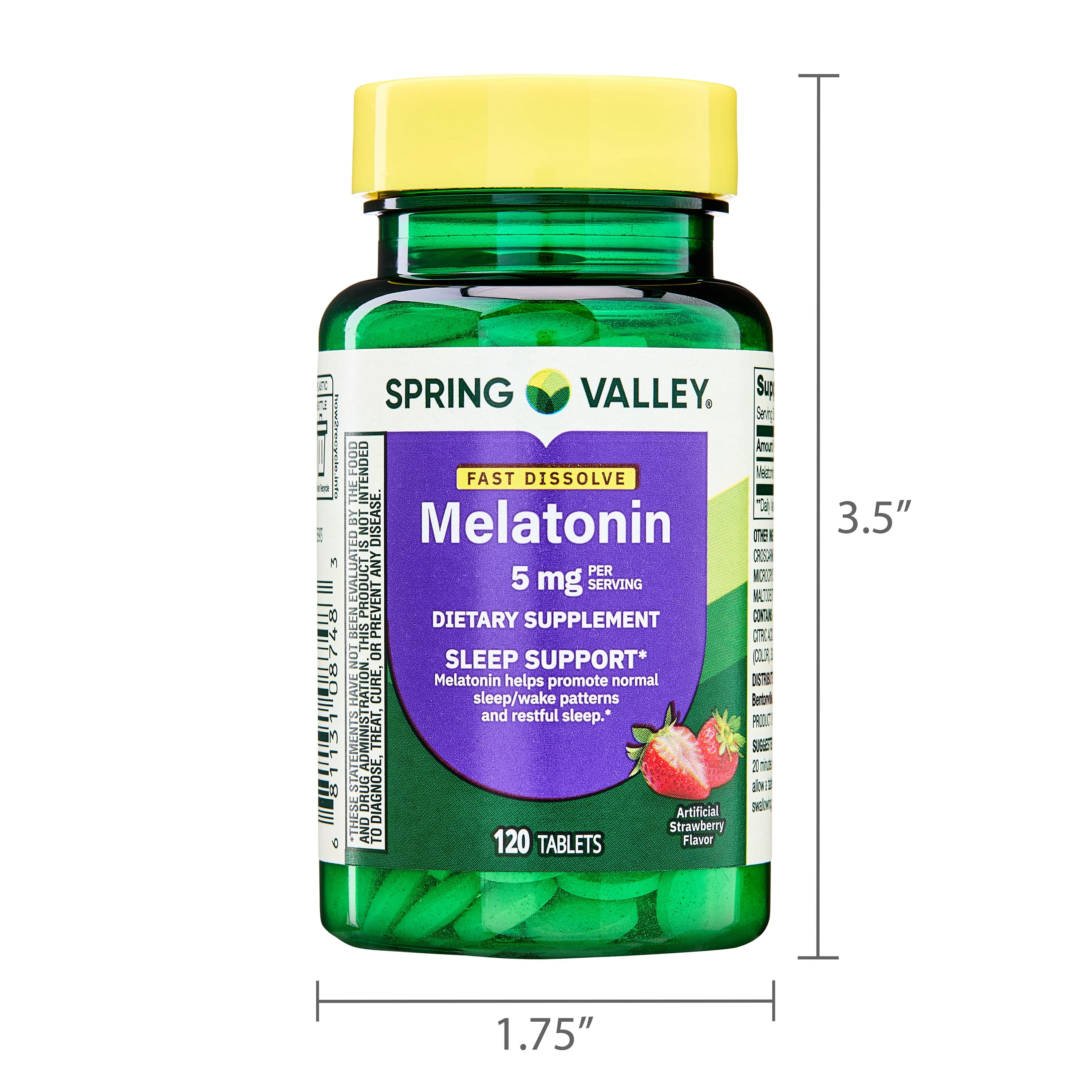 Spring Valley Fast-Dissolve Melatonin Sleep Support Dietary Supplement Tablets, Strawberry, 5 mg, 120 Count