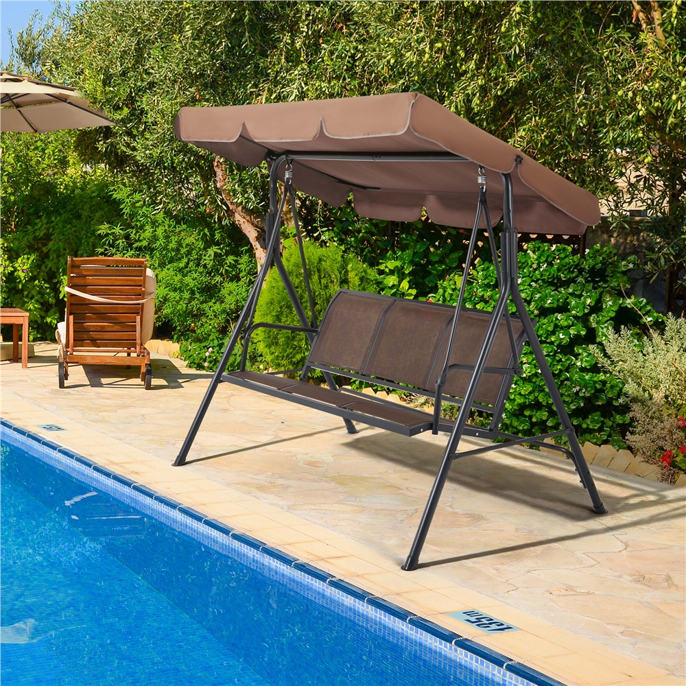Alden Design 3-Seat Patio Canopy Porch Hanging Swing Chair for Outdoor, Dark Brown