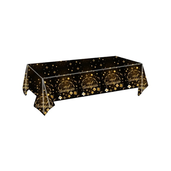 Gold Happy New Year Theme Plastic Tablecloth, Large Party Table Decor with Festive Patterns, Waterproof Disposable Table Cover for New Year's Eve Celebrations Holiday Dinners and Family Events