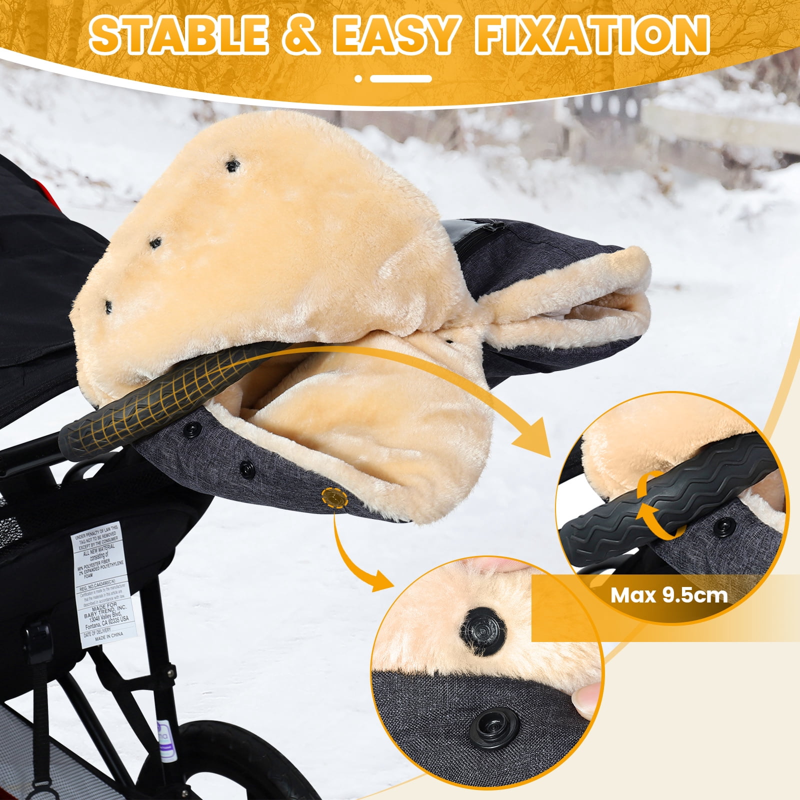 Orzbow Faux Sheepskin Stroller Gloves with Phone Pockets, Winter Extra Thick Mittens for Baby Stroller, Cozy & Warm, Dark Grey
