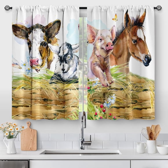 Aimego Rideaux de Cuisine Style Ferme de Campagne - Vaches Chevaux Cochons Fermes Courts Café Petits Rideaux Courts pour Fenêtre au-Dessus de l'Évier pour Salle de Bain Salon Salle à Manger Poche de Tringle 24 Pouces Longueur 2 Panneaux 28"x24 Pouces