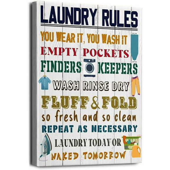 Gonqtoz Laundry Rules Canvas Wall Art Funny Prints Signs Framed Rustic Wood Background Bathroom HD Picture Artwork Home Decor White Ready to Hang size 12x16 inch