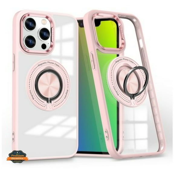 Phone Case for Apple iPhone 17 Clear Transparent Back Hybrid with Rotating Ring Stand, MagSafe Compatible Shockproof Slim TPU PC Cover Fit for Apple iPhone 17 (6.3") (Pink)