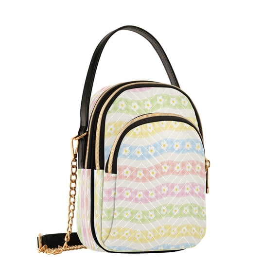 Women's Quilted Crossbody Bag Small Shoulder Tote Purse with 3 Zipper Pockets Colorful Small Daisies