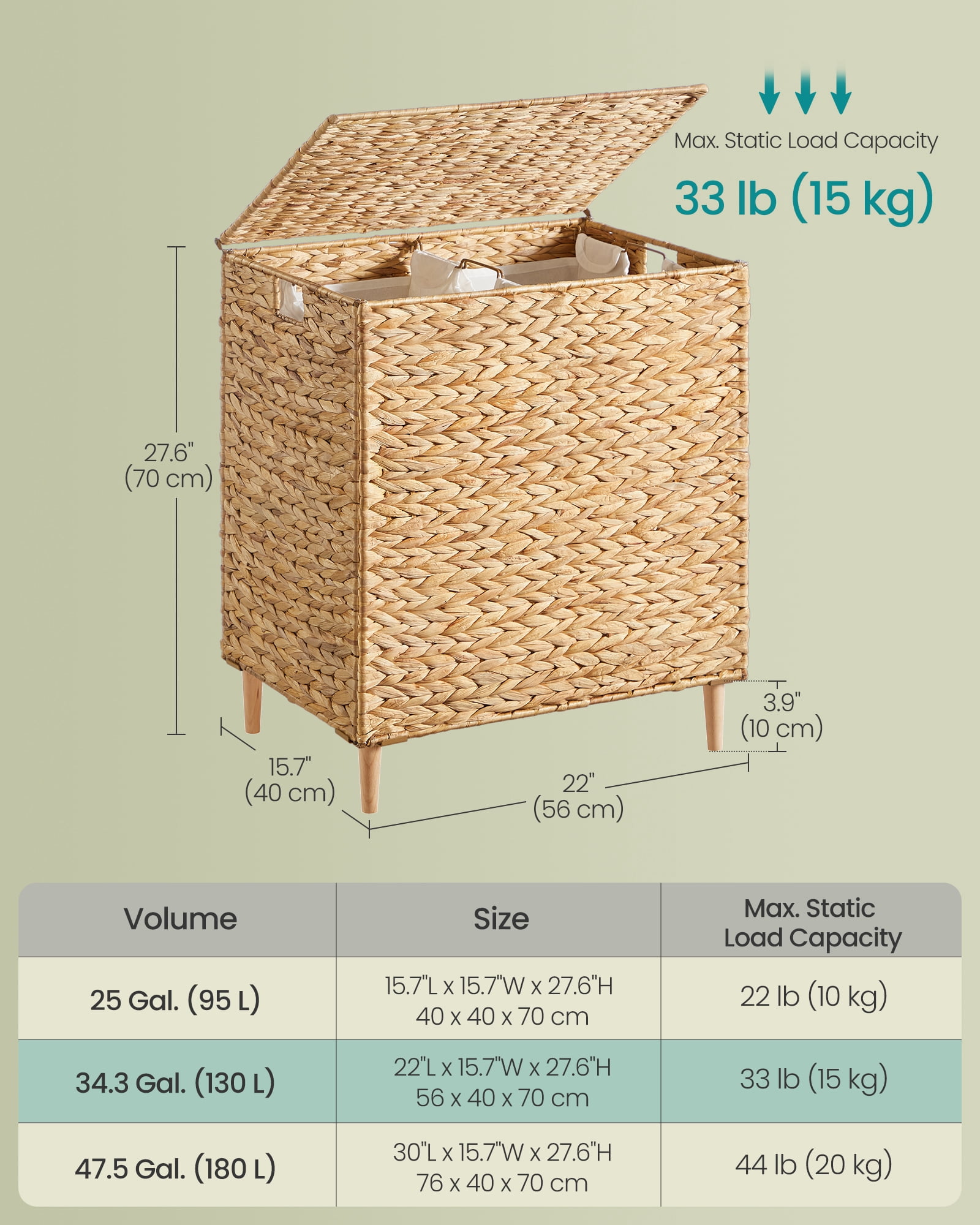 SONGMICS Laundry Hamper 2 Sections, 34.3 Gal. (130 L) Handwoven Water Hyacinth Wicker, with Lid, Removable Washable Liners, Handles, Natural