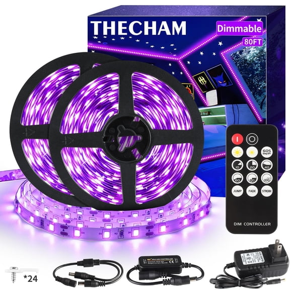 Tira de luz negra THECHAM de 80 pies/24 m con control remoto 1440 LED de 12 V