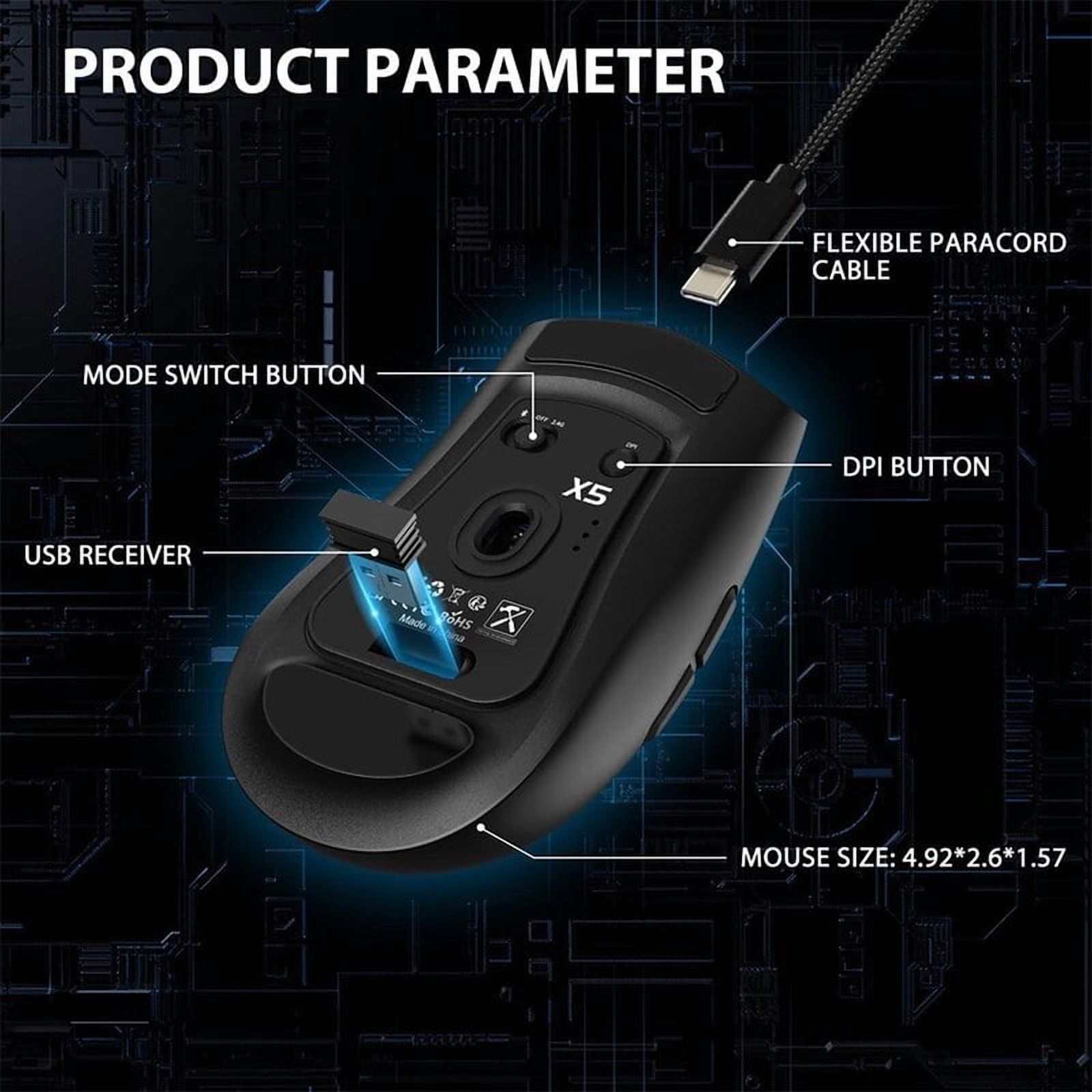 X5 Wireless Gaming Mouse with 3 Modes BT/2.4Ghz/USB-C PAW3212 Optical Sensor,Rechargeable Battery RGB Mice for PC Tablet Desktop