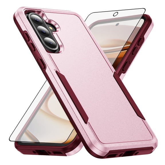 Compatible with Samsung Galaxy A36 5G Phone Case Tempered Glass Screen Protector Hybrid Rugged Shockproof Hard Protective Drop Proof Full Body Heavy Duty Mobile Cell Cover for A 36 36A LTE Women Pink