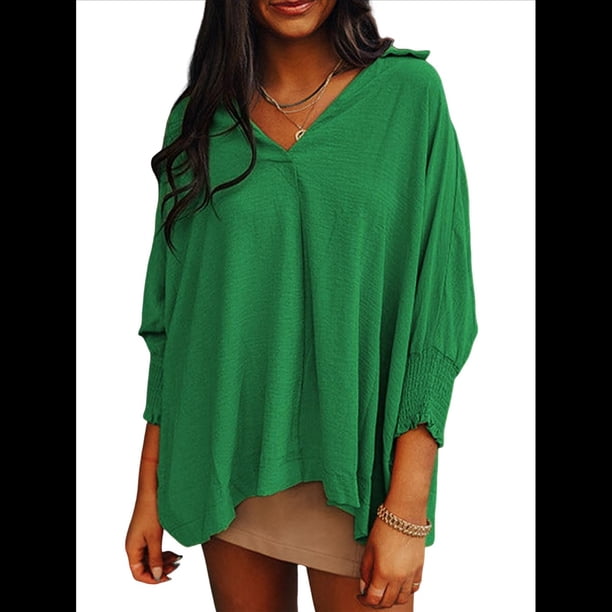 Blusas Elegantes e Informales para Mujer, con Escote en V y Mangas 3/4, con Puños Fruncidos Verde XXL