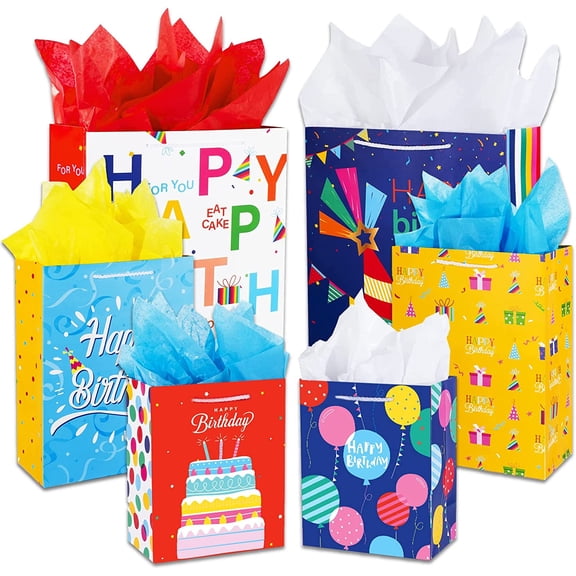 Birthday Gift Bag with Handle and Tissue Paper, 12 Pcs Gift Bags Assorted Sizes and Designs, Large, Medium, Small Size Birthday Gift Bag for Boys, Girls, 13”, 9” )