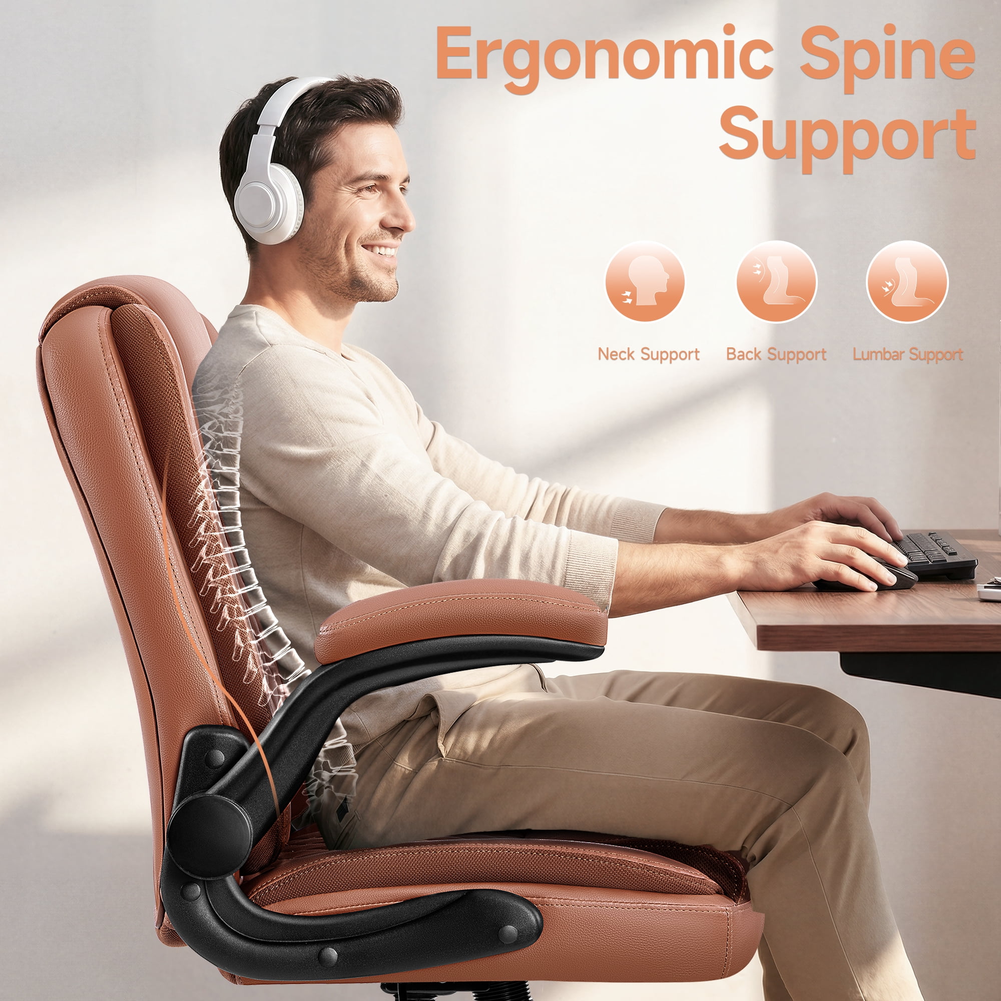 COOLHUT Office Executive Chair High Back Adjustable Managerial Home Desk Chair, Office Computer Chair with Lumber Support, Swivel PU Leather Chair for Home Office, Brown
