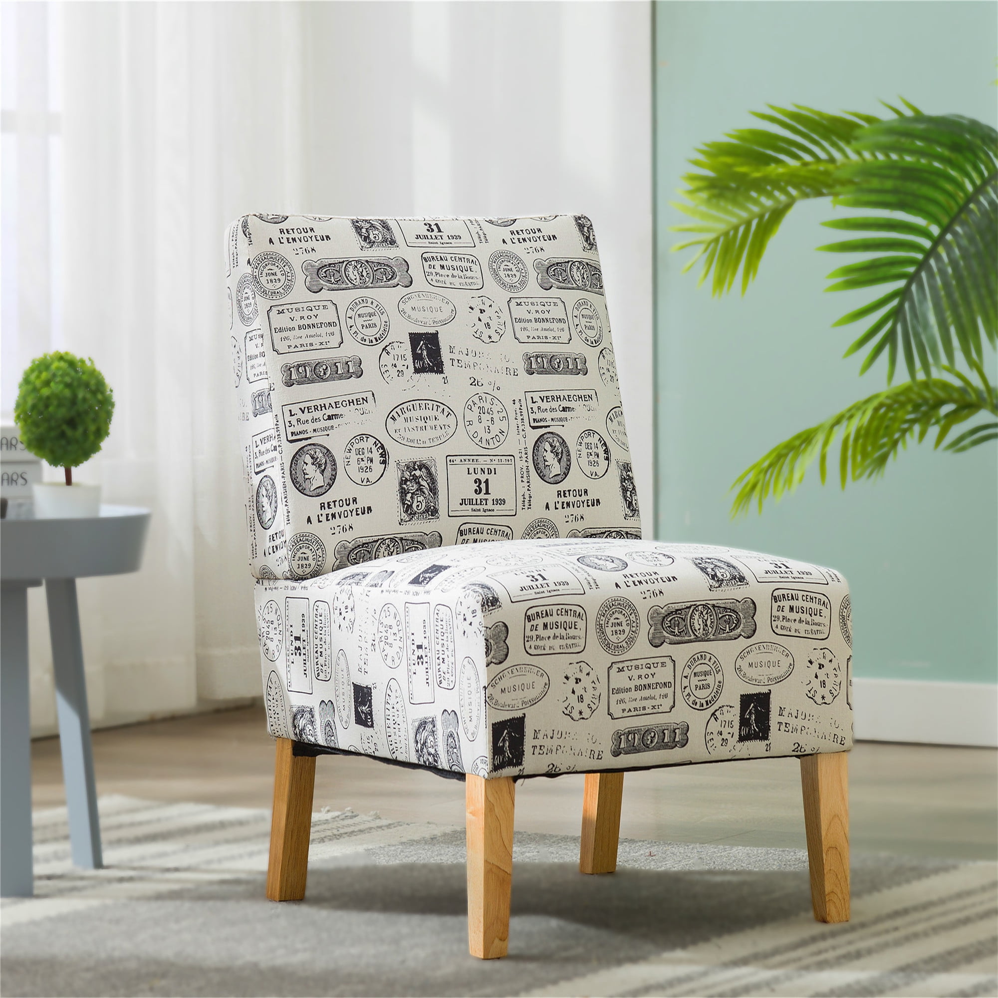 Tkoofn Postmark Print Fabric Armless Contemporary Accent Chair, Single