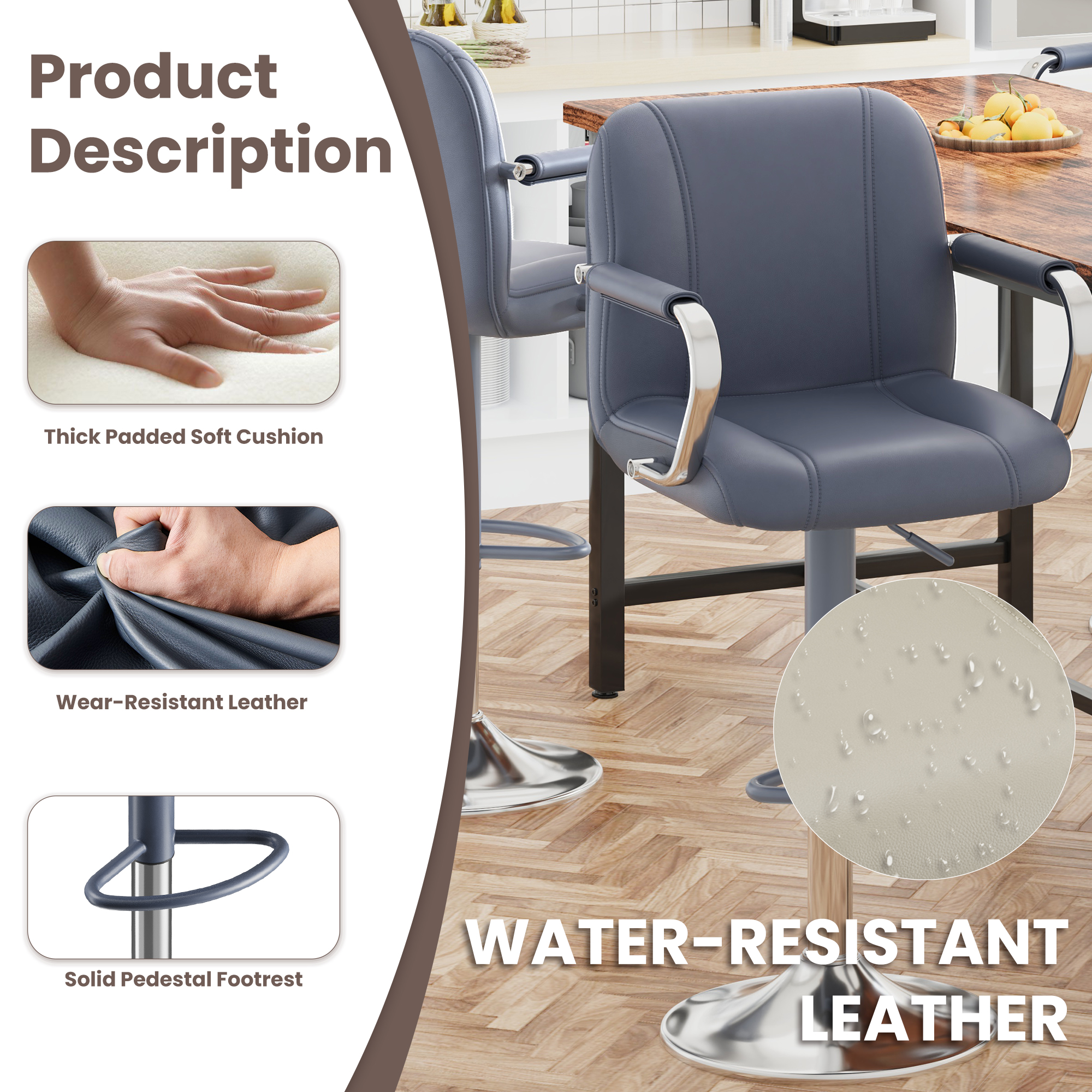 AFO Modern PU Leather Bar Stool Set of 2 with Backrest and Armrests, Height Adjustable 360° Swivel Counter Chair, Blue