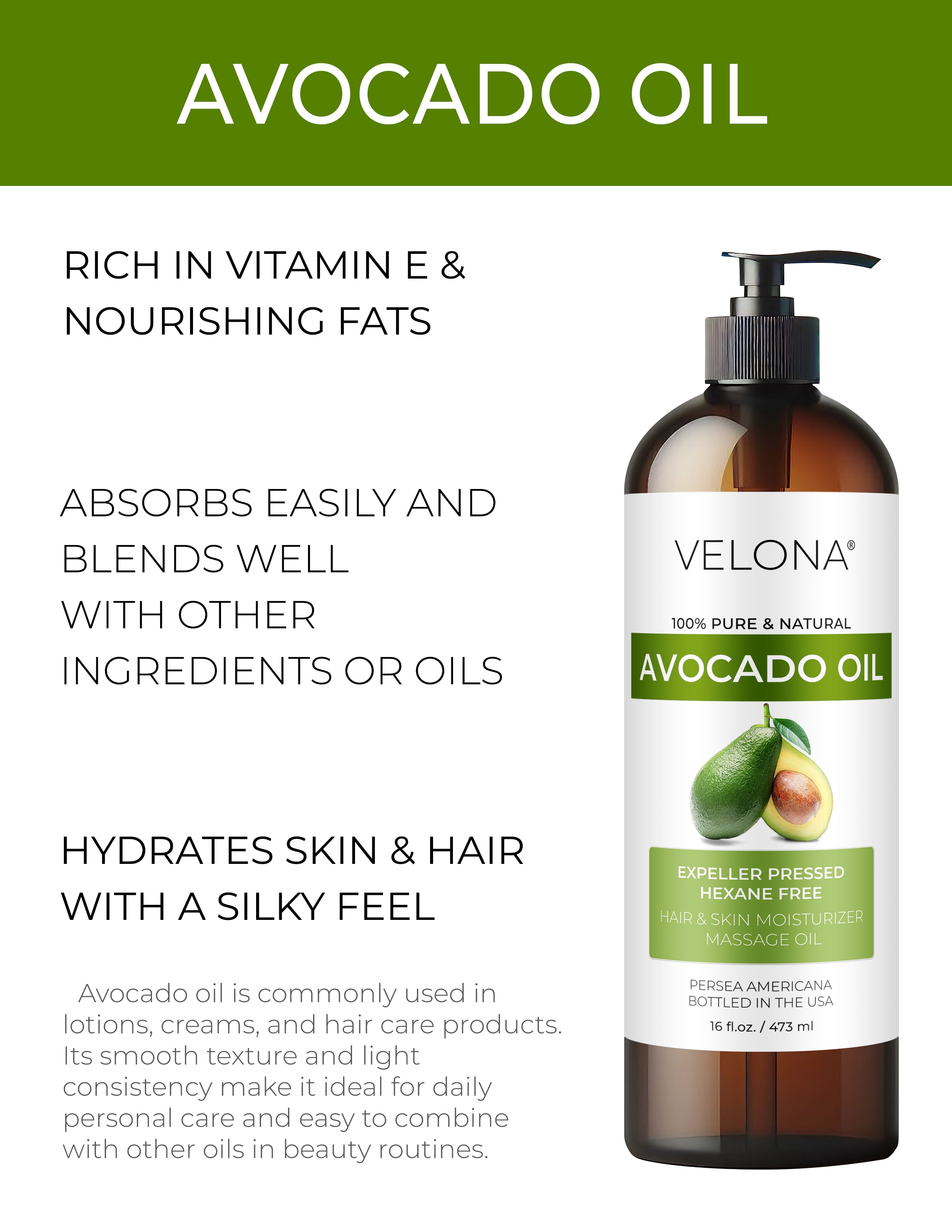 Velona Avocado Oil 32 Fl Oz | 100% Pure and Natural Carrier Oil | Expeller-Pressed | Hair, Body and Skin Care | Use Today - Enjoy Results