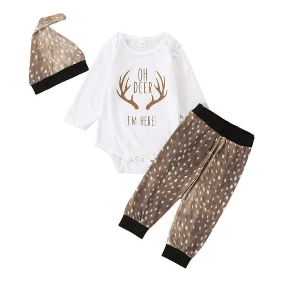 ZMHEGW Set Outfit for Girls Christmas Deer Letter Cartoon Printing Long Sleeved Romper Casual Pants with Hat 3Pieces Newborn Infant Baby Girl Clothes