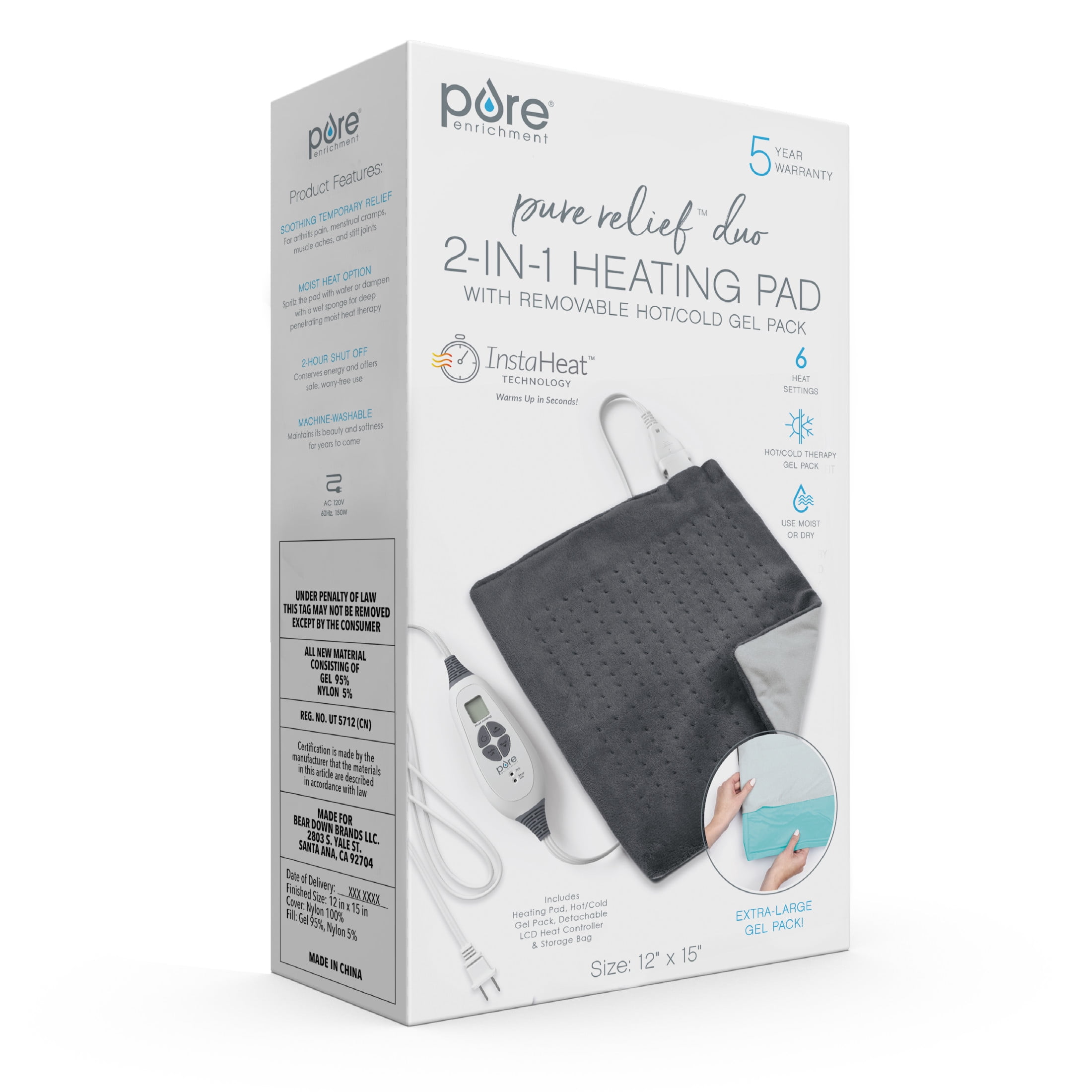 Pure Enrichment PureRelief Duo 2-in-1 Heating Pad with Removable XL Hot/Cold Gel Pack, Soft Microplush Pad Warms Up in Seconds, Ideal for Back Pain, and Muscle Aches in Legs & Shoulders