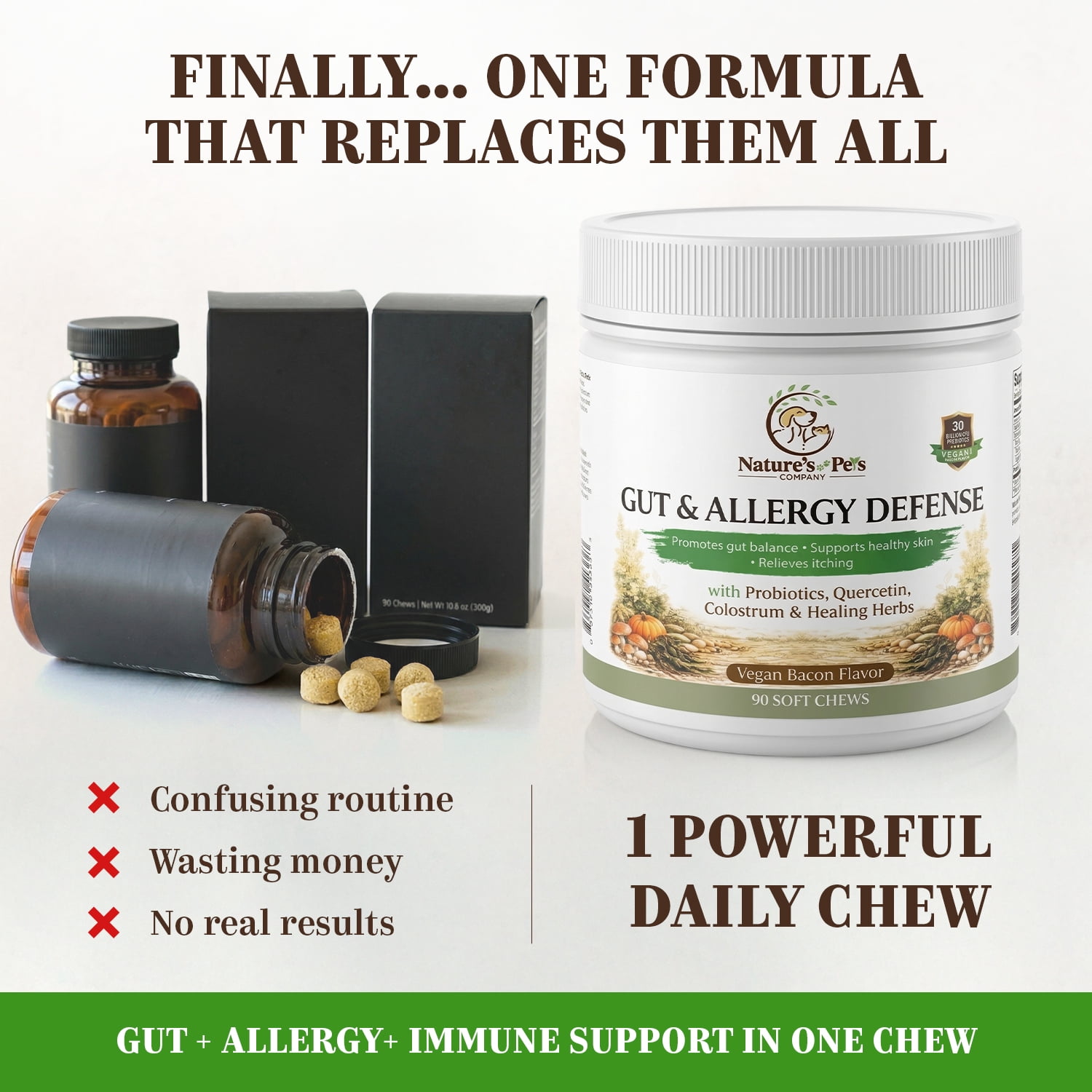 Gut & Allergy Defense Dog Chews, 30B CFU Probiotics +QUERCETIN, SPIRULINA, COLOSTRUM, Medicinal MUSHROOMS, Pumpkin, Turmeric  90 chews, Vegan Bacon Flavor