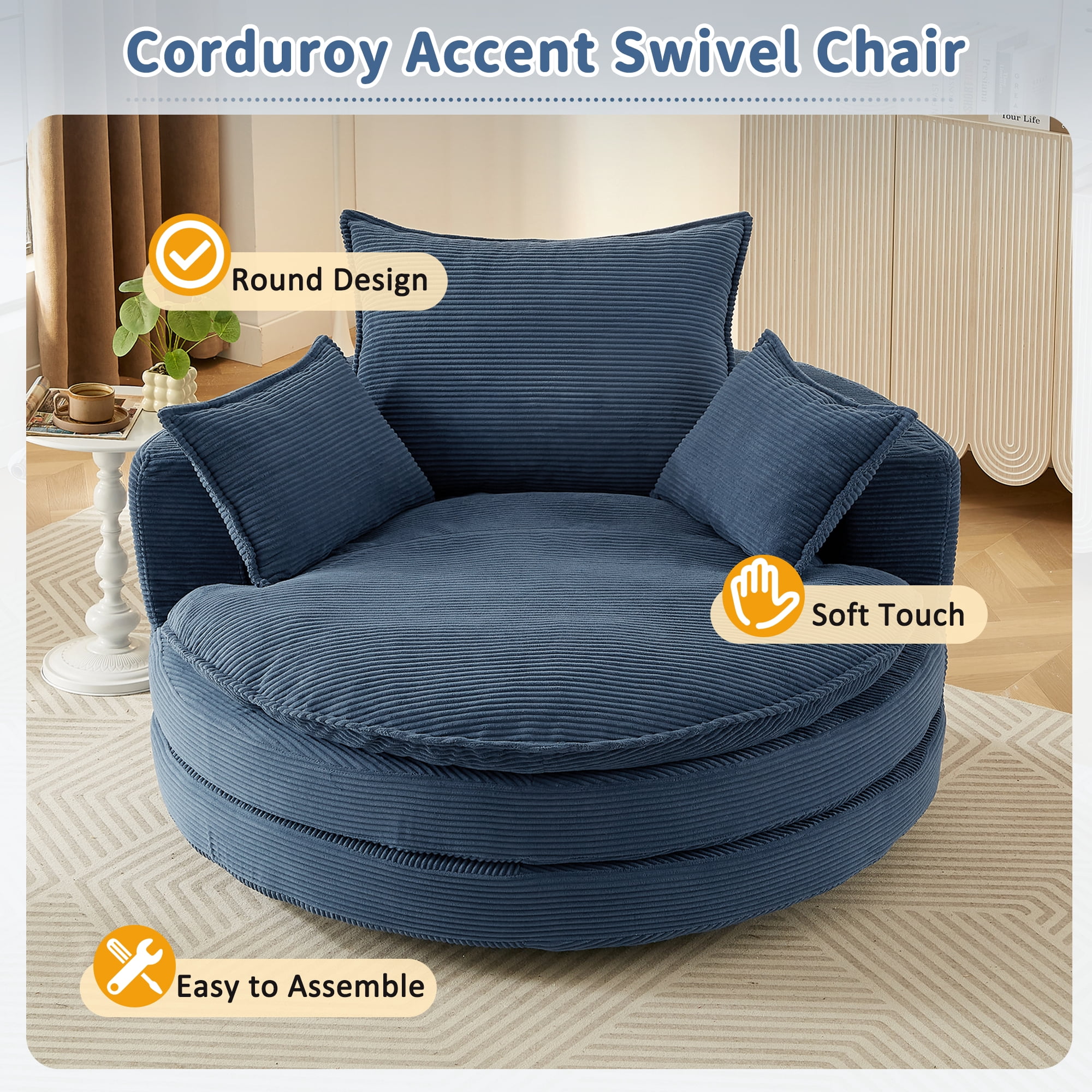 Euroco Oversized Round Swivel Chair with Corduroy Upholstery and Deep Seat, 360° Rotation Lounge Chair with Pillows for Living Room or Bedroom – 57.5" W x 56.5" D x 35.25" H
