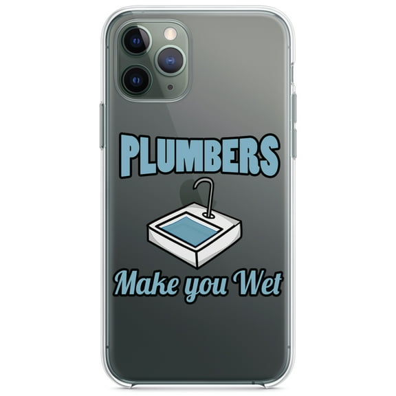 DistinctInk Clear Shockproof Hybrid Case for iPhone 11 (6.1" Screen) - TPU Bumper Acrylic Back Tempered Glass Screen Protector - Plumbers Make You Wet