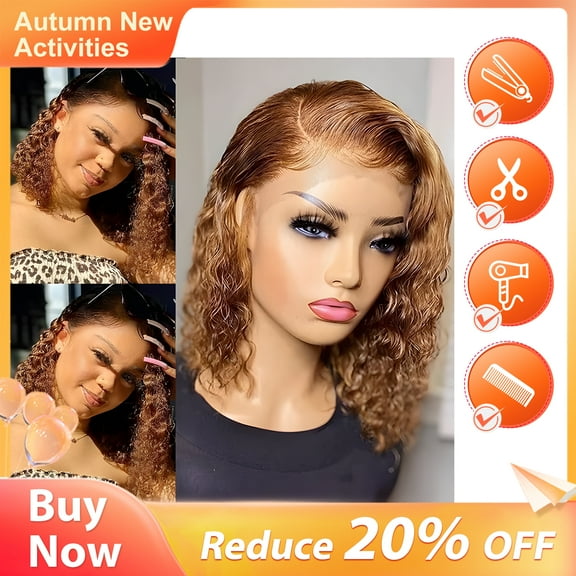 Dopi Short Curly Honey Blonde Bob Wig Lace Front Human Hair Wigs For Women Light Brown (Synthetic Wig)