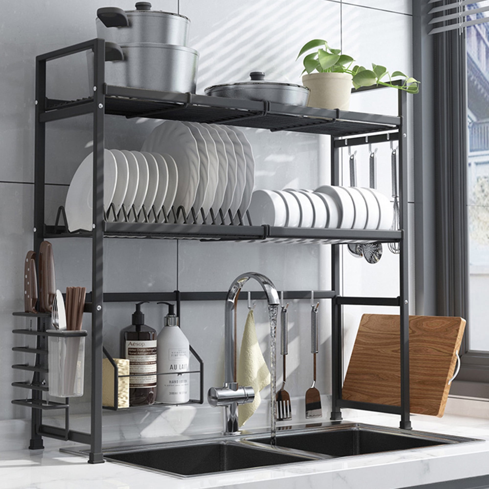 Details about   2-Tier Over Sink Dish Drying Rack Cutlery Drainer Kitchen Shelf Stainless Steel 