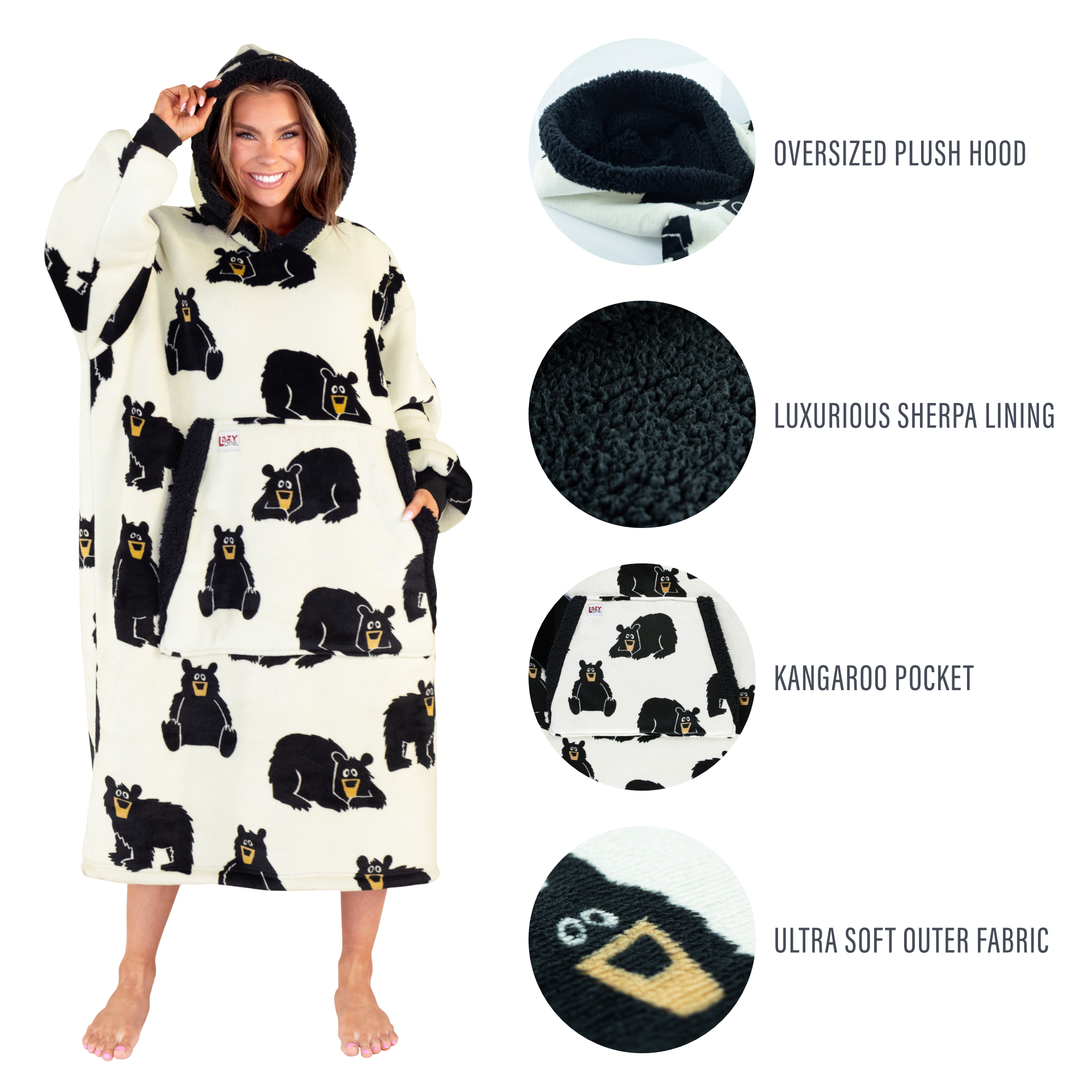 Lazy One Oversized Blanket Hoodie, Comfortable Sleepwear, Oversized Hoodies for Women and Men, One Size Fits All Wearable Blankets (Black Bear)