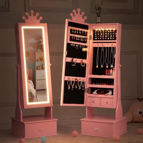 Kids Jewelry Armoire Cabinet with LED Light, 360° Swivel Standing Jewelry Cabinet with Full Mirror, Lockable Jewelry Cabinet Organizer with Drawers, Kids Vanity MirrorJewelry Storage
