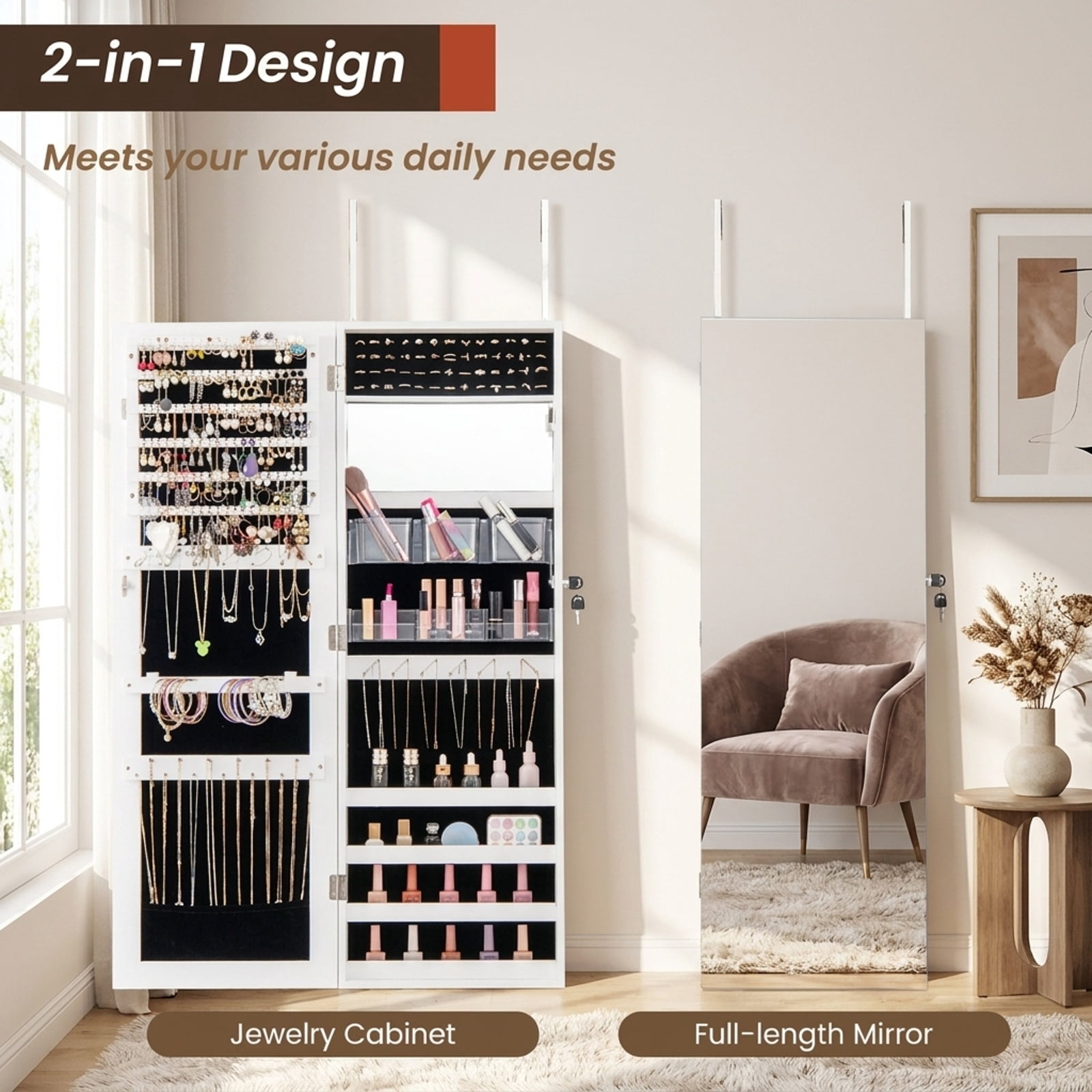 Furnibear 43.5 Inch Jewelry Mirror Cabinet with Full-length Mirror and Adjustable Hangers for Bedroom Dressing Room Jewelry Necklace Rings, White