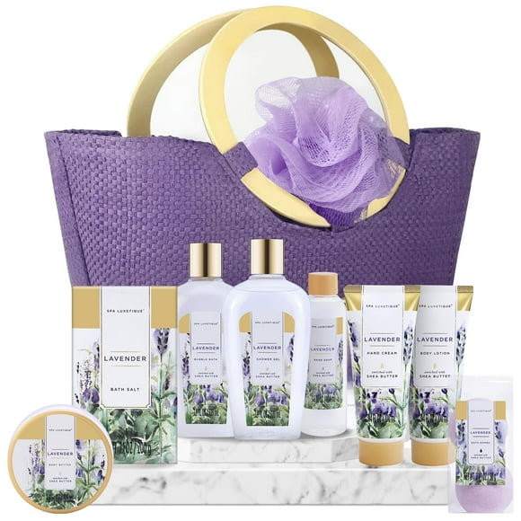 Spa Luxetique Lavender Spa Gift Baskets for Women, Pampering 10pc Bath Gift Sets - Deluxe Tote Bag with Wooden Handles, Bath Salt, Hand Soap &Cream, Shower Gel and More, Perfect Birthd